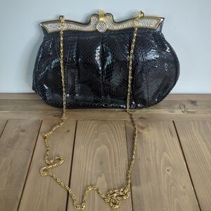 Vintage Farnell Paris Black Snakeskin Rhinestone Bag with Chain Handle